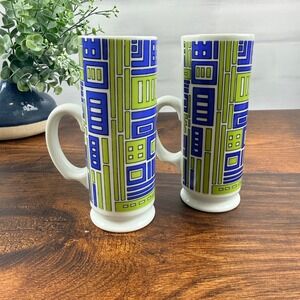 Holt Howard 1967 Geometric Tall Mugs Blue Green Mid Century Modern Pair